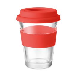 כוס שתיה מזכוכית עם מכסה סיליקון -אקו 330 מ”ל אדום