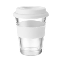 כוס שתיה מזכוכית עם מכסה סיליקון -אקו 330 מ”ל לבן