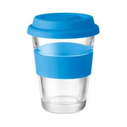 כוס שתיה מזכוכית עם מכסה סיליקון -אקו 330 מ”ל כחול